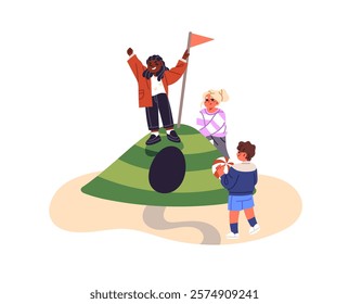 Group of children plays on playground. Kids have fun outdoors together. Little friends throws ball on school yard. Girls and boys at playtime. Flat isolated vector illustration on white background