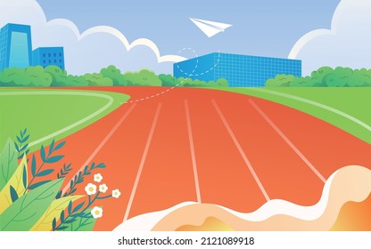 A group of children are preparing for the start of school on the playground with the school runway in the background, vector illustration