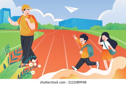 A group of children are preparing for the start of school on the playground with the school runway in the background, vector illustration