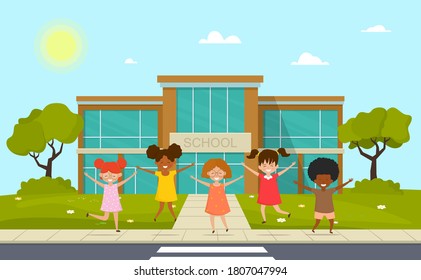 Group of children pupils having fun in front of school building facade. Multiracial boys and girls are playing together in outside. Vector illustration.