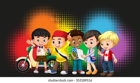 Group of children with rainbow background illustration