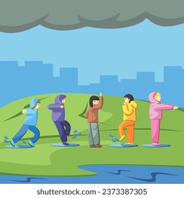 Group of Children with Raincoats in Rain Outdoor Cute Vector