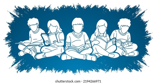 Group of Children Reading Books Cartoon Graphic Vector