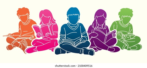 Group Of Children Reading Books Together Cartoon Silhouette Graphic Vector