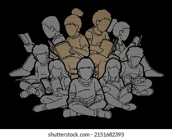 Group of Children Reading Books Together Cartoon Graphic Vector