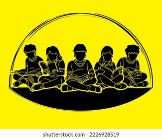 Group of Children Reading Books Together Cartoon Education Graphic Vector