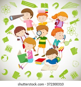 Group of children reading and learning illustration