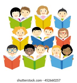 Group of children reading. vector isolated