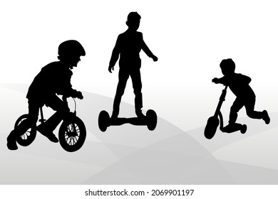 Group of children riding scooter vector silhouette. Kids on kick board enjoying together.Hand drawn silhouettes of children playing.