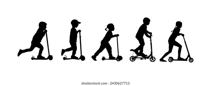 Group of children riding scooter vector silhouette isolated. Kids travel on kick board enjoying together. Active outdoor fun entertainment, boys and girls. Roller sport. Friends rent electric scooter