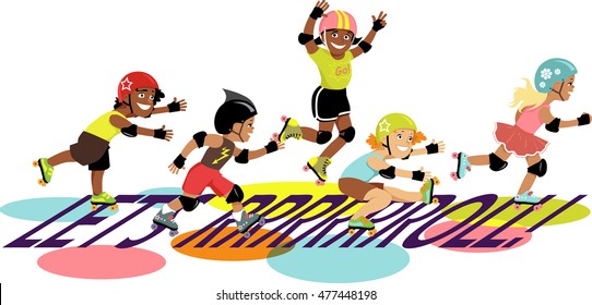 Group of children roller skating , EPS 8 vector illustration, no transparencies