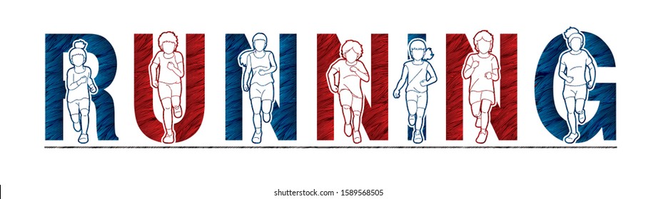 Group of children running, Boy and girl running together with text running background cartoon graphic vector.