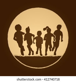 Group of children running , Front view designed on golden circle background graphic vector.