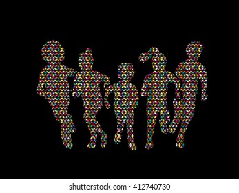 Group of children running, Front view designed using colorful mosaic pattern graphic vector.