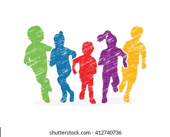Group of children running, Front view designed using colorful grunge brush graphic vector.