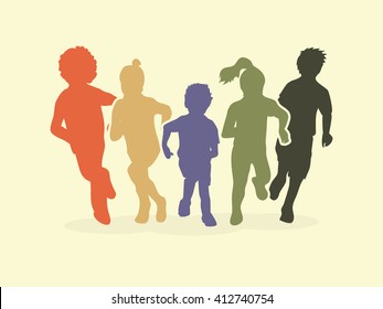 Group of children running, Front view graphic vector.