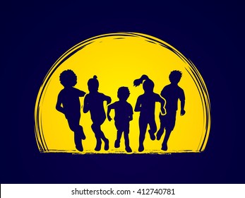 Group of children running , Front view designed on moonlight background graphic vector.