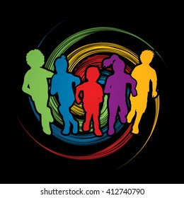 Group of children running , Front view designed on spin wheel background graphic vector.