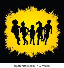 Group of children running , Front view designed on grunge frame background graphic vector.
