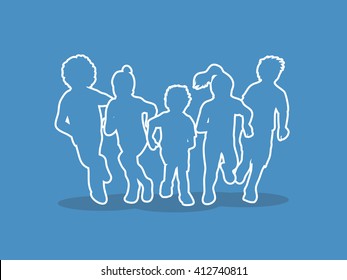 Group of children running, Front view outline graphic vector.