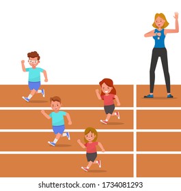 Group Of Children Running On The Track Of Stadium Character Vector Design