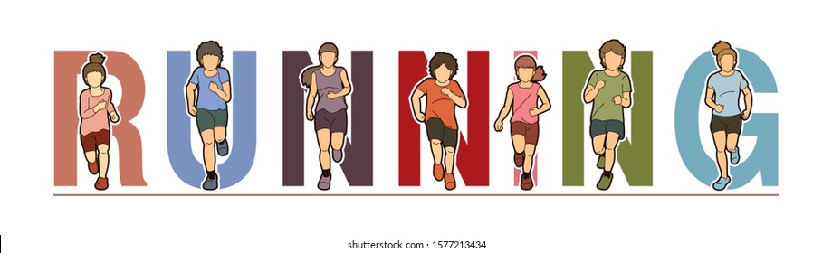 Group Of Children Running, Running Text Font Design, Kids Run Together Cartoon Graphic Vector.