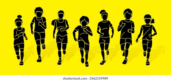 Group of Children Running Together Boys and Girls Running Cartoon Graphic Vector