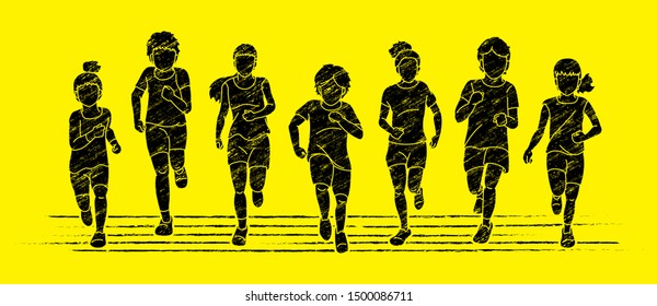 Group of Children running together cartoon graphic vector