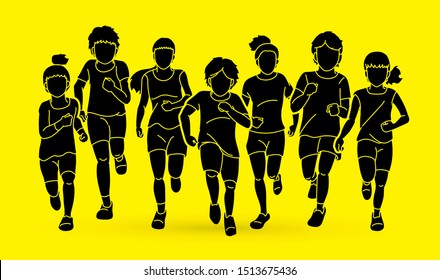 Group of Children running together cartoon graphic vector