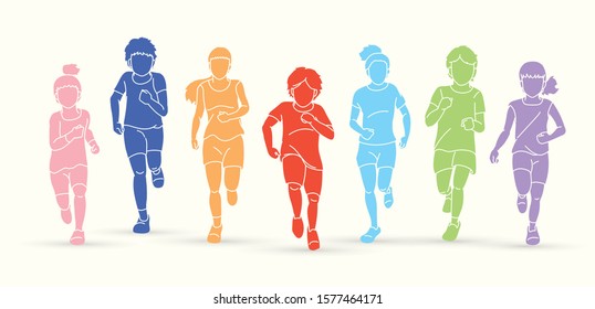 Group of Children running together cartoon graphic vector