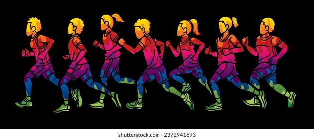 Group of Children Running Together Sport Boy and Girl Start Running Graphic Vector
