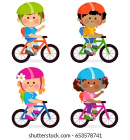 Group of children with safety helmets and backpacks riding their bicycles. Vector illustration 