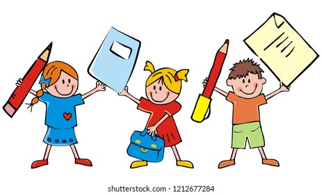 Group of children and school equipments, funny vector illustration. Students with school aids, crayons, pen, notebook and bag. Three happy kids, two girls and one boy. Merry picture to download.