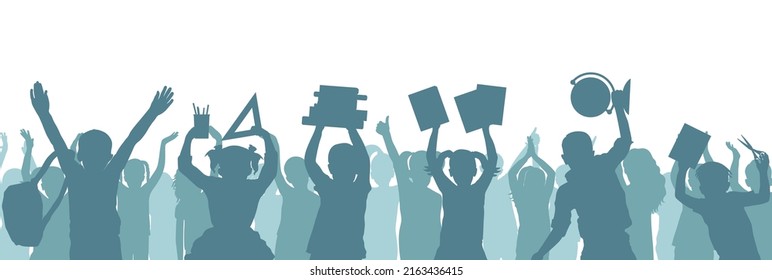 Group of children with school supplies on background of happy kids clapping and thumb up like. Silhouette of first graders. Back to school. Vector illustration