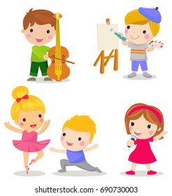 Group of children set:play the violin, drawing,dancing,singing