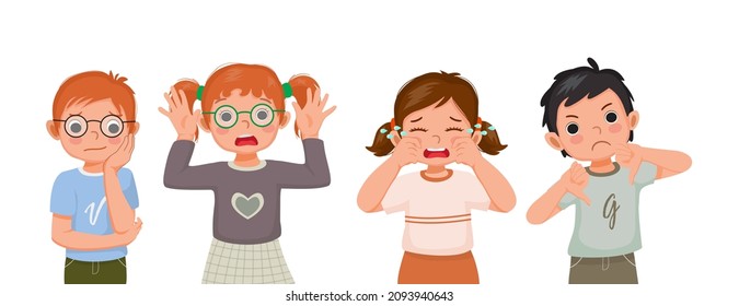 Group of children showing different negative emotions, feelings, facial expressions, hand gestures and body languages such as sad, bored, surprised, crying, thumb down. 