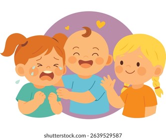 Group of children showing empathy and support to a crying girl. Flat cartoon illustration with emotional interaction in front of purple background. Social skills and emotional education concept 