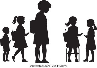 A group of children in silhouette, some walking, some standing and talking. They are carrying bags and lunches.