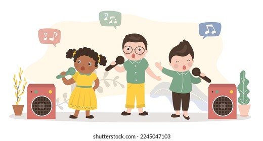 Grupo de niños cantan canciones. Tres niños usan micrófonos y cantan karaoke. Niños multiétnicos - músicos y vocalistas. Niños talentosos. Entretenimiento, diversión pasando tiempo. Ilustración vectorial plana