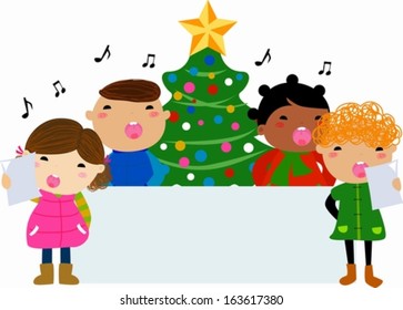 Group Children Singing Around Christmas Tree Stock Vector (Royalty Free ...