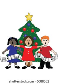 Group of children singing around a Christmas tree