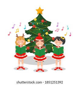 Group of children singing Christmas carol in front of decorated Christmas tree. Flat vector cartoon character isolated on white.