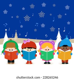 Group of children singing Christmas carols at night outside in the snow. Vector illustration