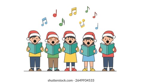 A group of children singing christmas carols wearing santa hats together joyfully