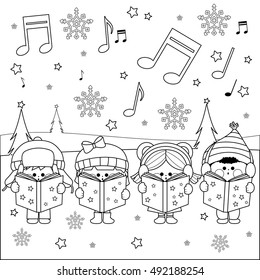 Group of children singing Christmas carols. Vector black and white coloring page.