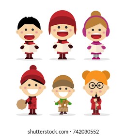 Group of children singing Christmas carols on white background