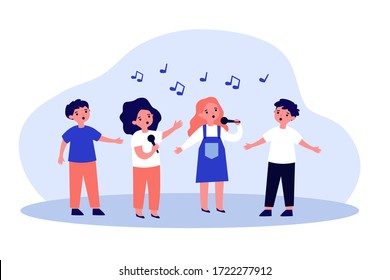 Group of children singing song with microphones. Kids attending music school, singing in church choir. Vector illustration for kids musical band, performance, talent show concept