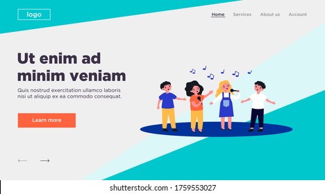 Group of children singing song with microphones. Kids attending music school, singing in church choir. Vector illustration for kids musical band, performance, talent show concept