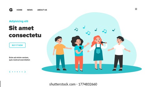 Group of children singing song with microphones. Kids attending music school, singing in church choir. Vector illustration for kids musical band, performance, talent show concept