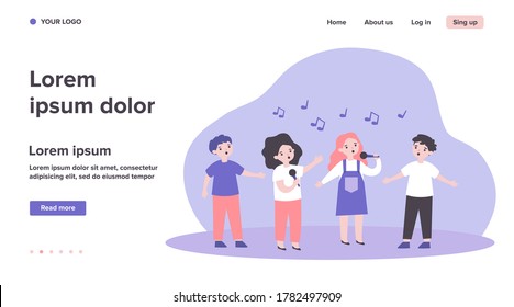 Group of children singing song with microphones. Kids attending music school, singing in church choir. Vector illustration for kids musical band, performance, talent show concept